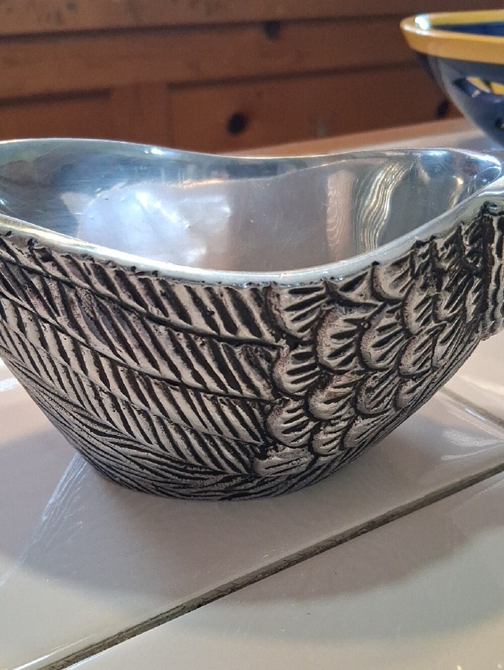 RARE FIND Pottery Barn Silvertone Pewter Pheasant Sauce Bowl With Tail Ladle. - Picture 4 of 16